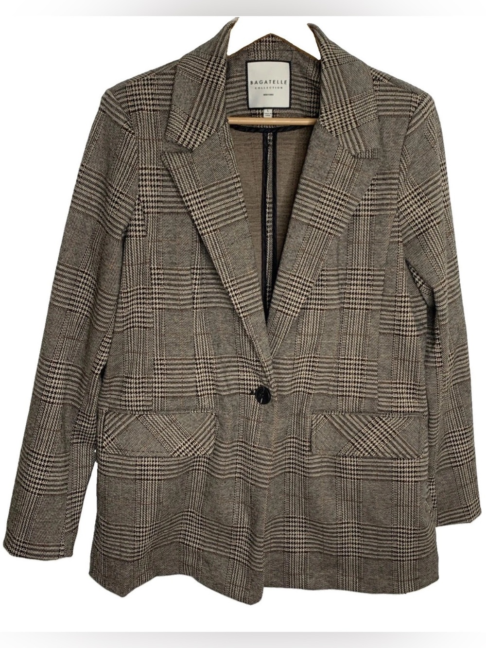 Bagatelle Tan Houndstooth Plaid Blazer One Button New Sz L English Career